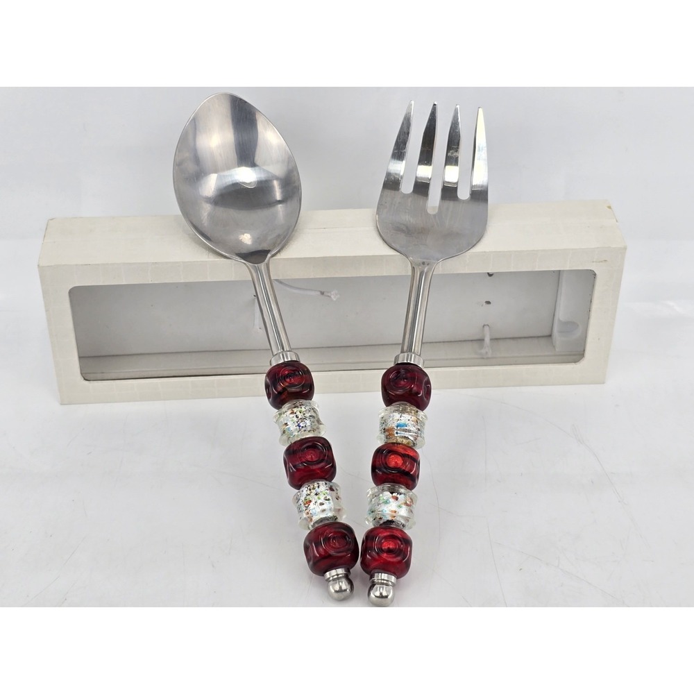 Wild Eye Designs Red And Silver Clear Beaded Salad‎ Server Set